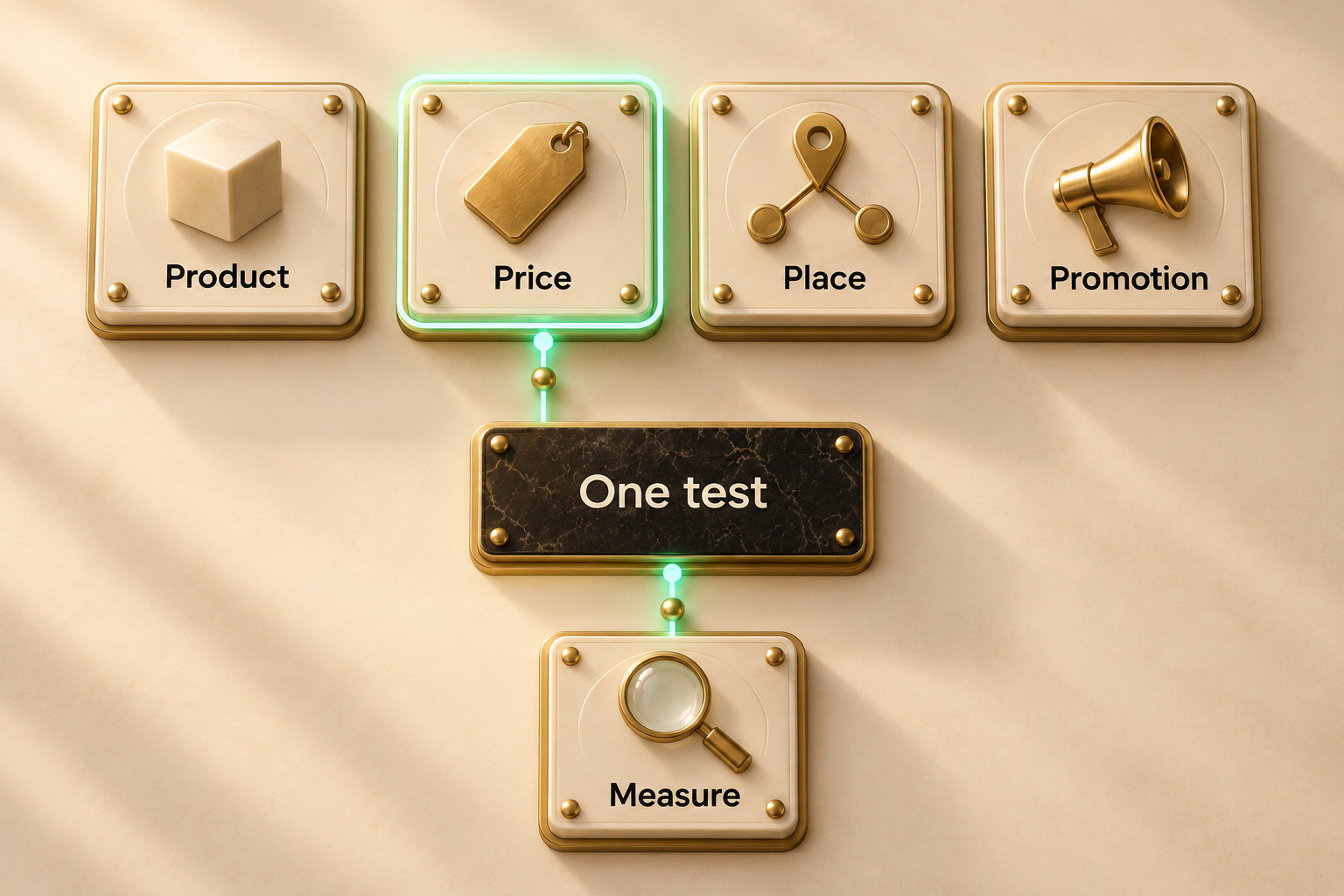 Four marketing levers with Price selected for one test and a measurement step