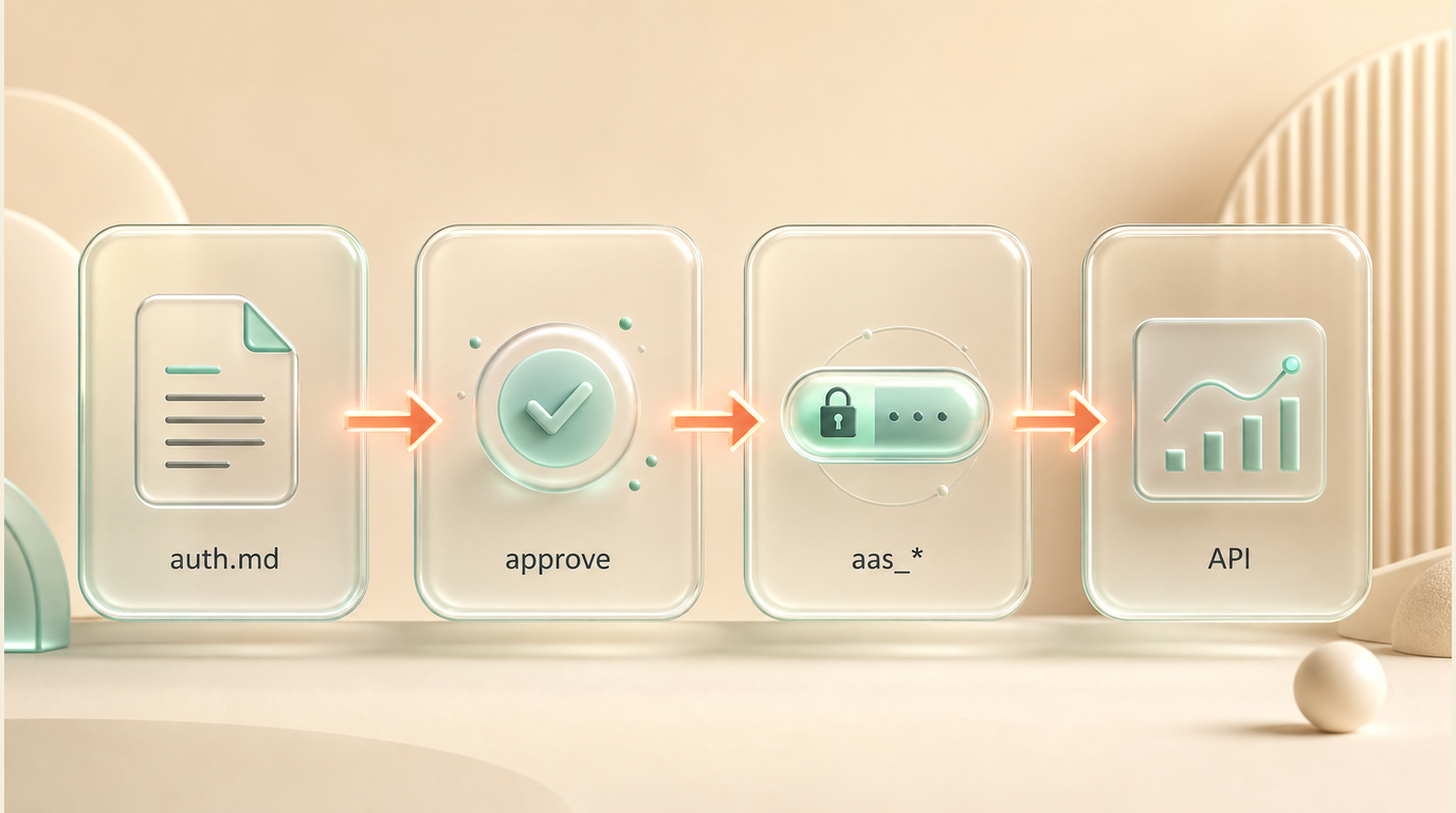 Agent Analytics auth.md flow: auth.md discovery, human approval, scoped agent session, API access.