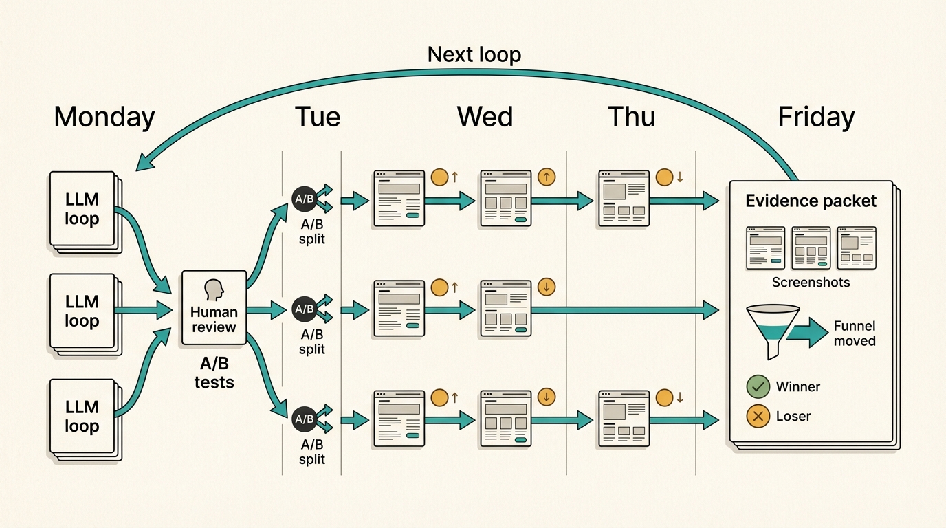 Weekly outer loop: several LLM-generated experiments run in parallel, then a Friday evidence packet feeds the next loop.