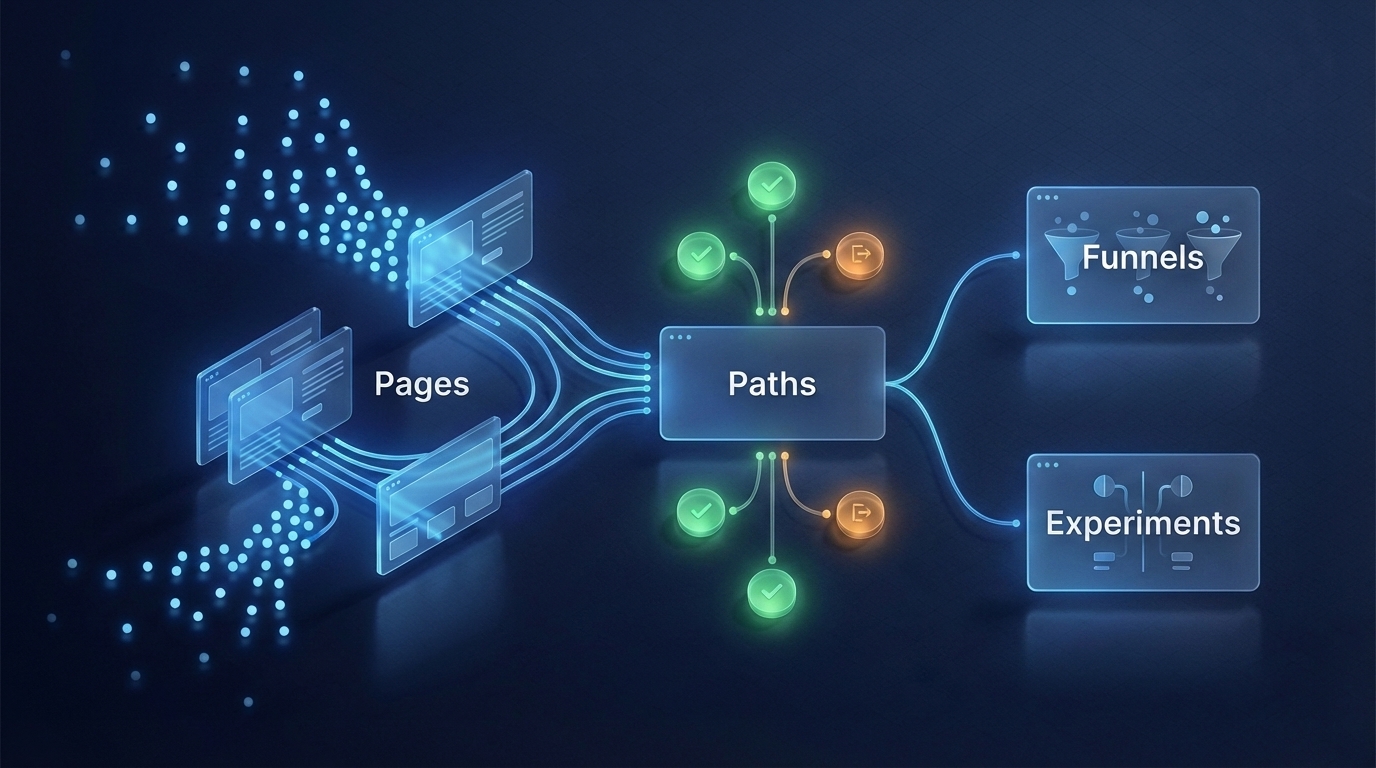 Diagram showing pages flowing into paths, then funnels and experiments
