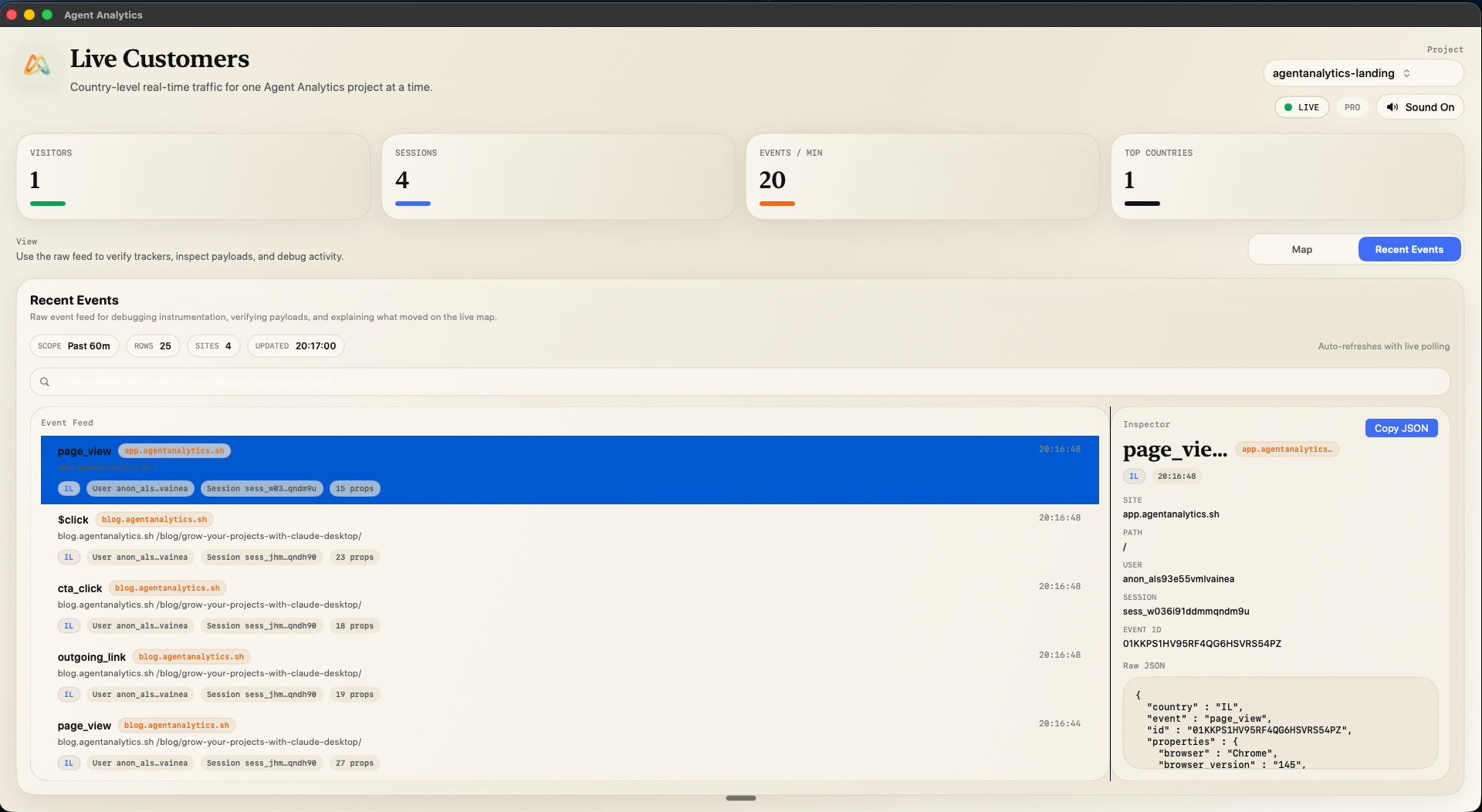 Recent Events inspector in Live Monitor for macOS