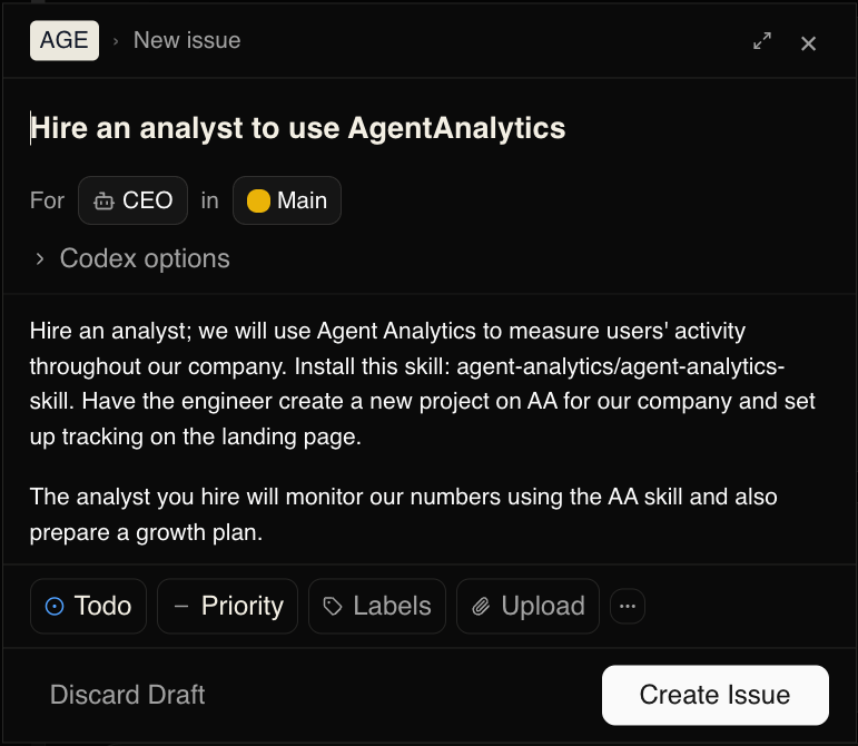 CEO issue in Paperclip for hiring an analyst and setting up Agent Analytics