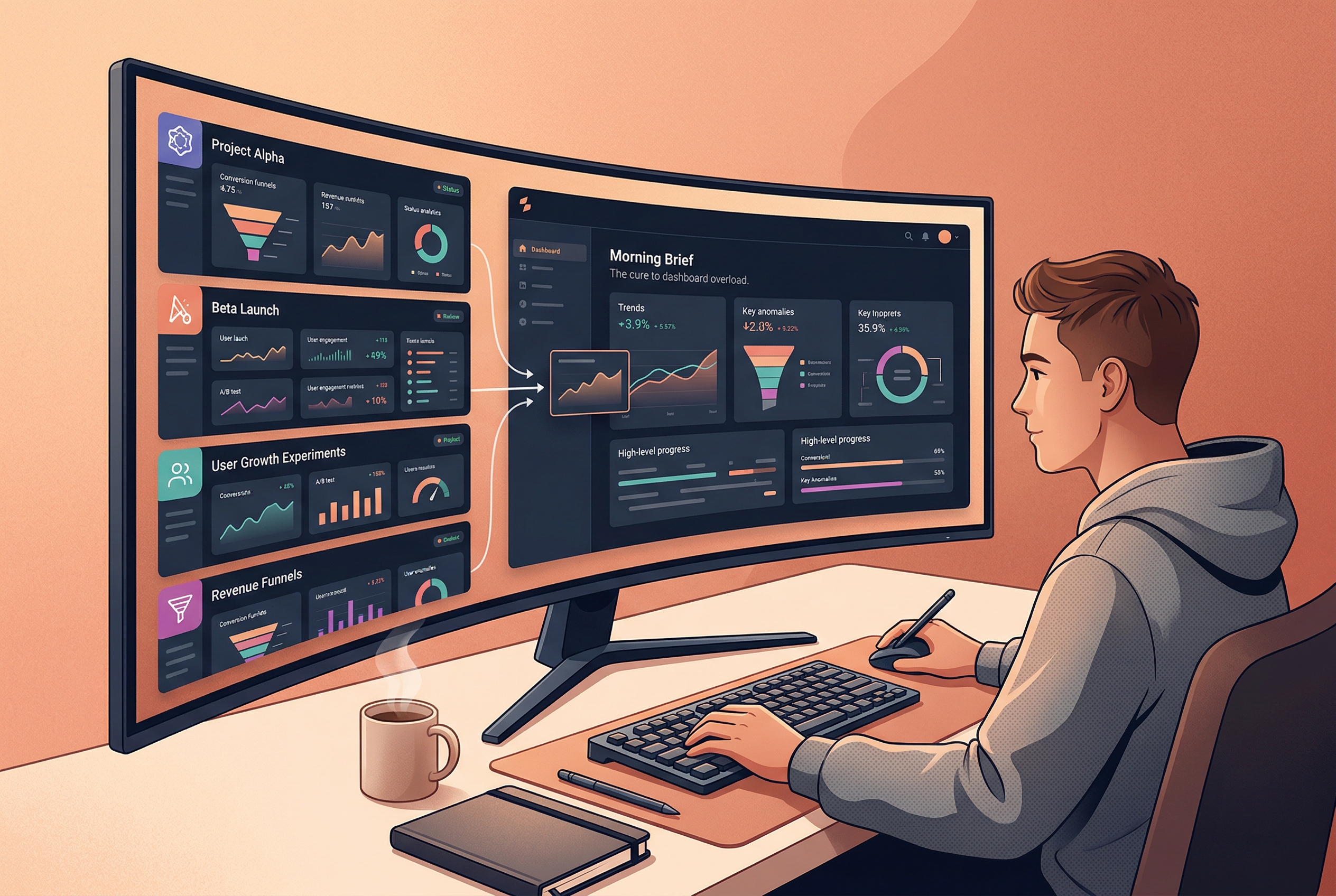 Editorial image of one AI agent workspace turning many project dashboards, funnels, and experiments into one cross-project brief.