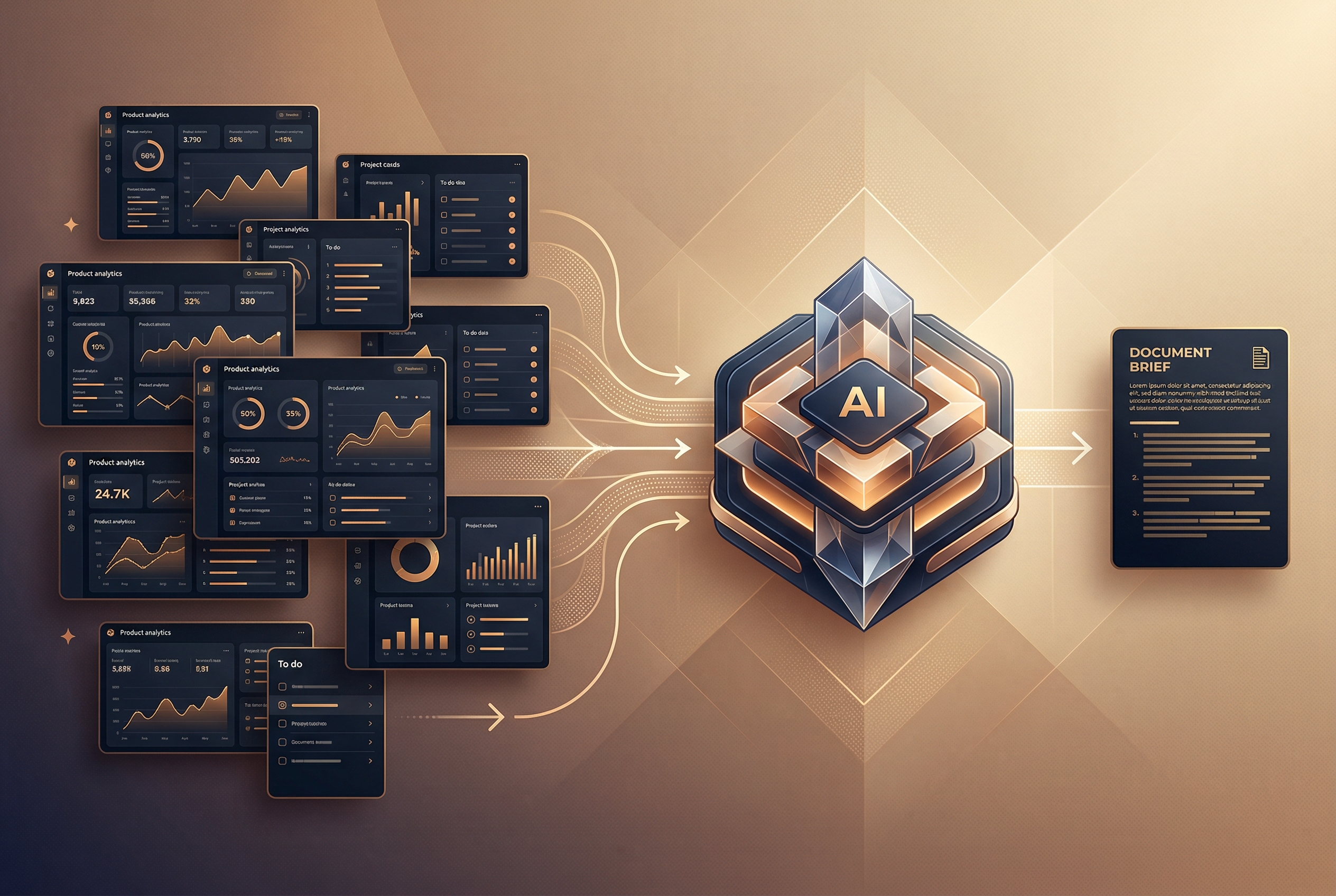 Generated editorial visual showing many small project dashboards flowing into one agent-readable analytics layer.